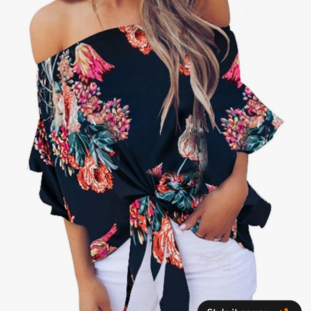 Floral Off-Shoulder Top - Navy Sz. M